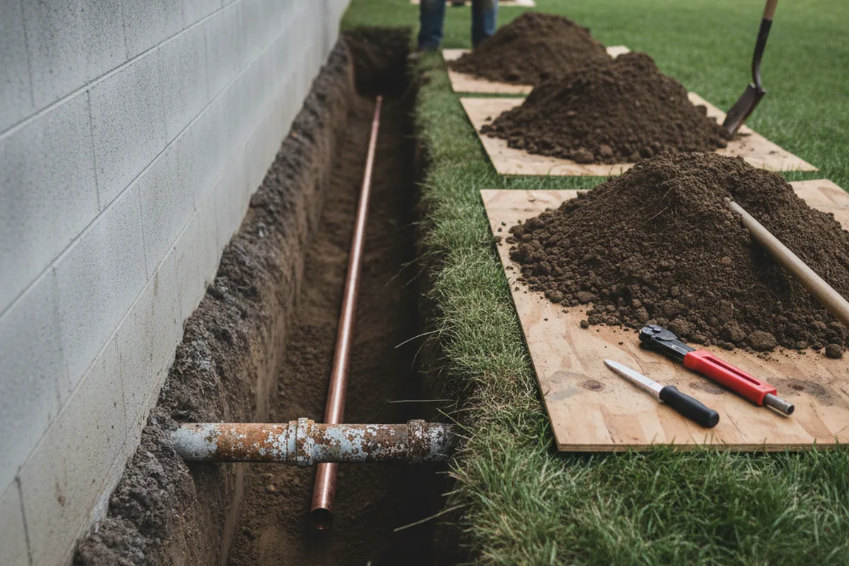 Excavated water line trench during Water Heater Repair in Hoxie